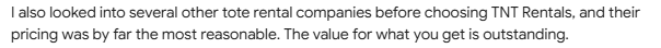 I also looked into several other tote rental companies before choosing TNT Rentals, and their pricing was by far the most reasonable.