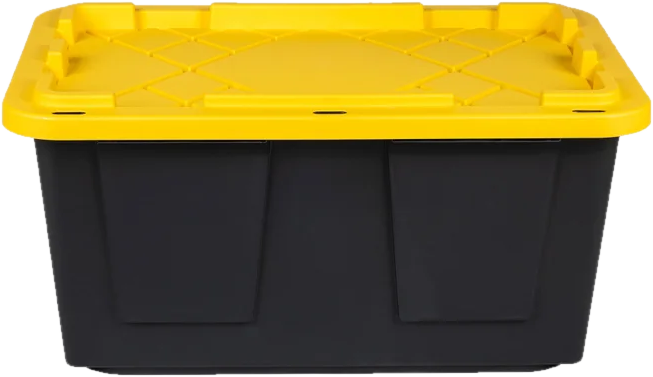 A single 27 gallon moving tote: black body, yellow lid